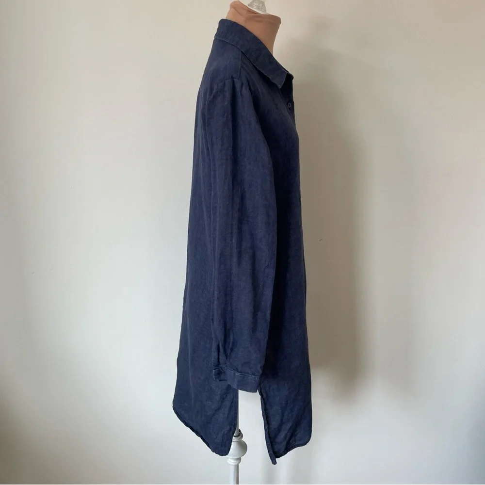 Eileen Fisher Washed Organic Linen Délavé Dusk Blue Button Down Long Shirt XXS